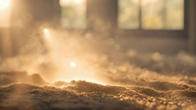 Wind blows dust particles into the air, causing them to float and spread across the area.