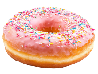 Colorful pink donut with sprinkles on display