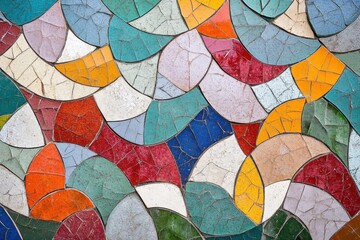 Colorful mosaic pattern with curved shapes in various hues and textures.