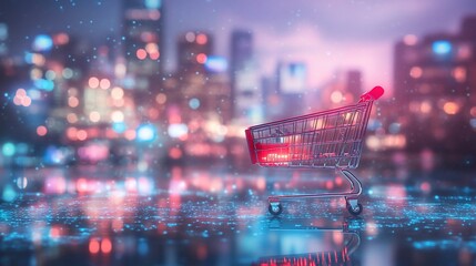 A shopping cart on a reflective surface with a cityscape backdrop in a rainy atmosphere.