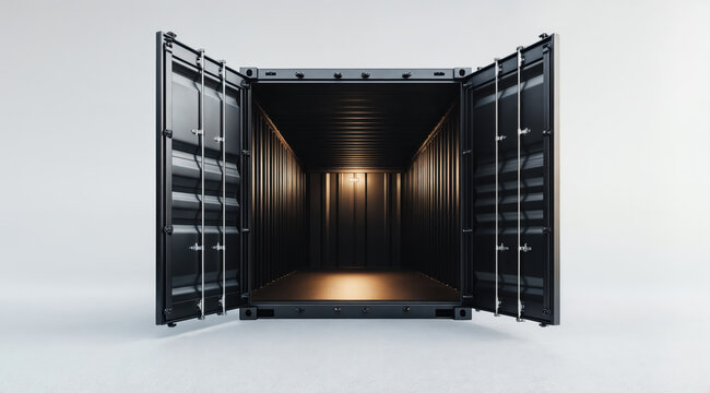 Open black shipping container with light inside on white background