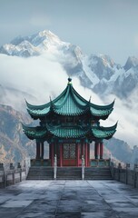 Serene Chinese Pagoda Amidst Majestic Snowy Mountains Captures Tranquility and Cultural Heritage.