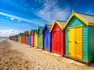 Naklejka premium Vibrant Beach Huts on Sunny Coastline - Summer Vacation Stock Photo