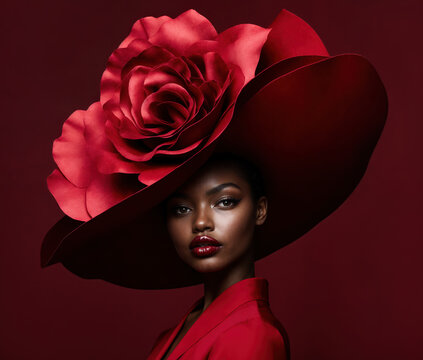 Fashion model wearing big red rose hat and red lipstick