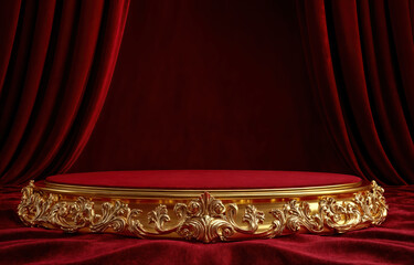 Luxurious podium with gold ornaments and red velvet curtains creating elegant atmosphere