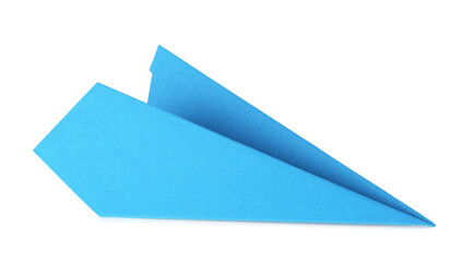One handmade light blue paper plane isolated on white
