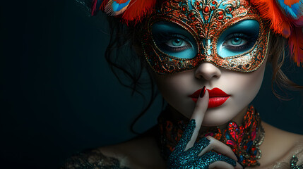 Sophisticated Carnival Lady in Intricate Mask with Hush Gesture for New Year Celebration Invitations
