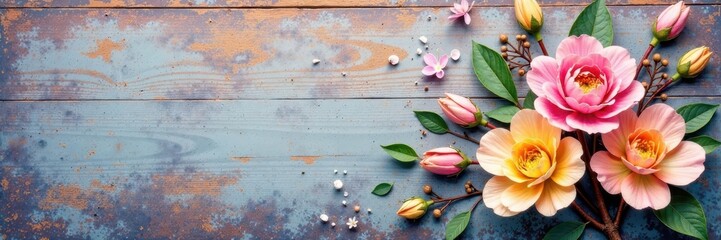 Fototapeta premium Pastel watercolor flowers on rough wooden board , folk art, colorful