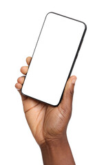 Woman with modern smartphone on white background, closeup