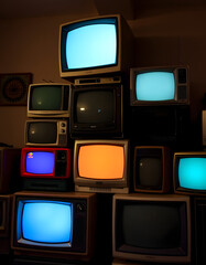 Stack of vintage televisions in a dimly lit room, evoking nostalgia and retro technology. Concept of media history, old technology, and entertainment, with white tones