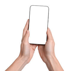 Woman with modern smartphone on white background, closeup
