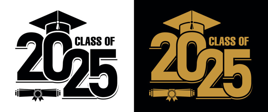 Lettering Class of 2025 for greeting, invitation card. Text for graduation design, congratulation event, T-shirt, party, high school or college graduate. Illustration, vector on transparent and black 