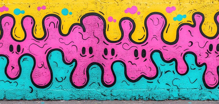 Colorful street art mural with playful designs and vibrant colors, showcasing creativity.