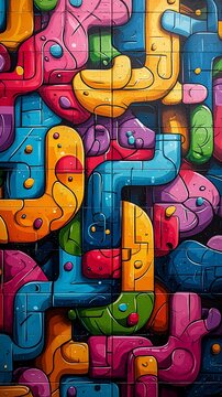 Fototapeta Colorful abstract mural of interconnected pipes and shapes.
