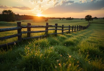 Fototapeta premium Rustic Countryside at Dawn with Dew-Covered Grass