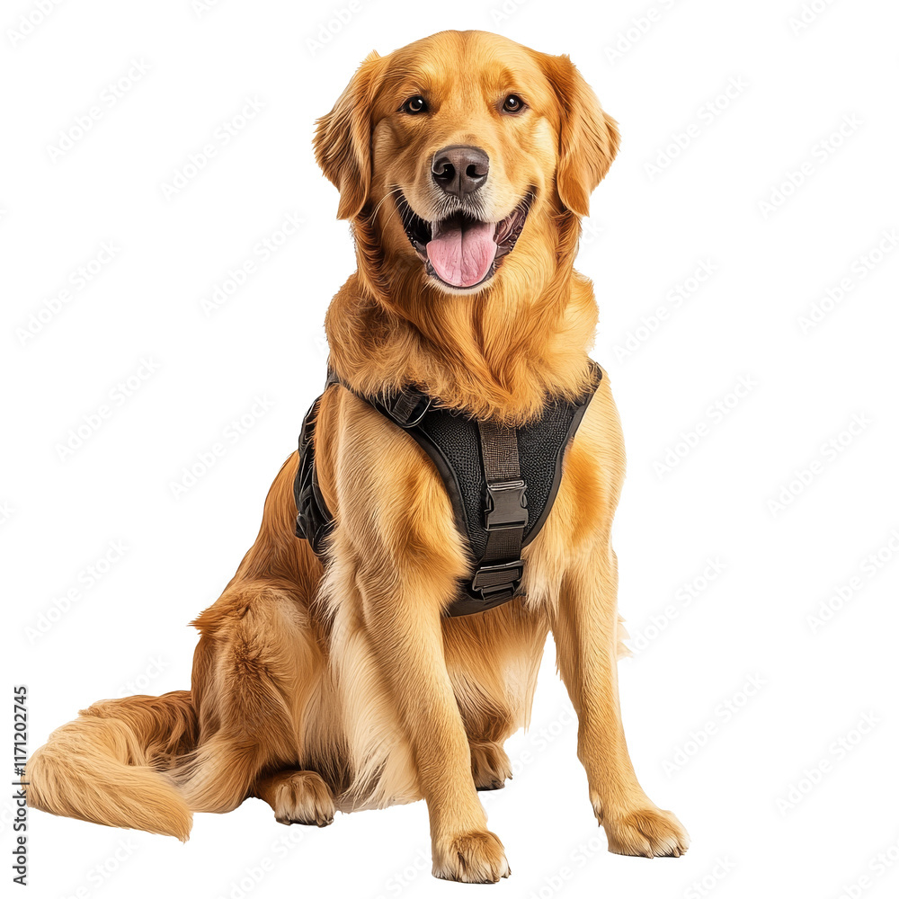 Wall mural Golden retriever in a harness sitting calmly