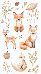 Whimsical woodland animals including foxes and deer in watercolor style