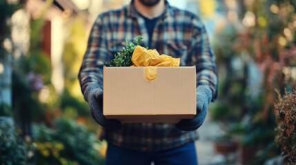 Helping Communities: Man in Gloves Delivering Food Box for Local Business Support and Donation