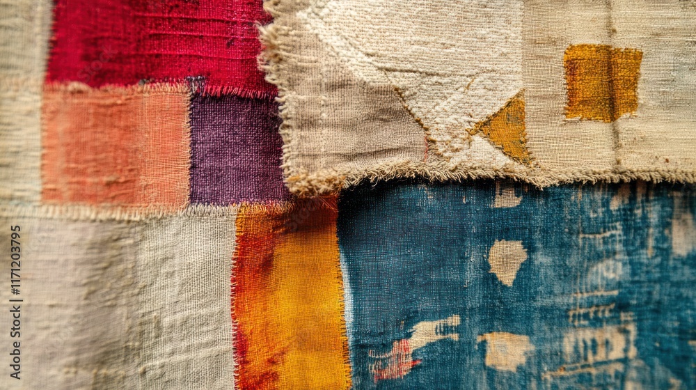 Poster A close-up of colorful, textured fabric showcasing various patterns and stitches.