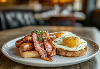A Delicious Breakfast Plate Featuring Crispy Bacon, Juicy Sausages, Fresh Eggs, and Toast in a Cozy Restaurant Setting