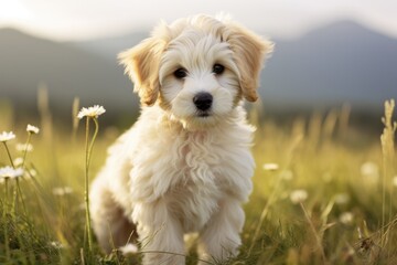 White Mini Labradoodle Puppy in Grass. Cute Animal Pet with Retriever and Labrador traits