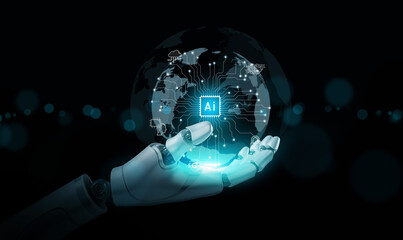 Artificial Intelligence concept. Hands of a robot holds a virtual globe with AI text chip with circuit pattern and icons, glowing bright in the dark. Ai technology.