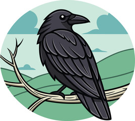 Majestic Raven Sitting on Invisible Tree Vector Illustration