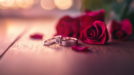 Bouquet of pink roses on red background with wedding rings