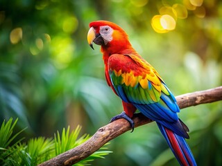 Vibrant Parrot Bird on Branch, Copy Space, Tropical Bird, Wildlife Photography
