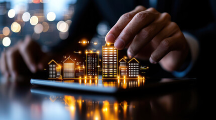 Smart city concept with illuminated buildings and digital interface, showcasing innovation and technology in urban development. hand interacts with virtual city model