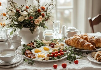 A Wholesome Breakfast Spread Featuring Fried Eggs, Fresh Vegetables, Crispy Bacon, and Baked Goods Surrounded by Beautiful Floral Arrangements