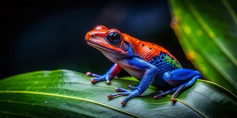 Obraz premium Vibrant Red & Blue Poison Dart Frog on Rainforest Leaf - Stock Photo