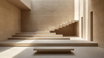 Minimalist beige interior with stairs, platform, and sunlight