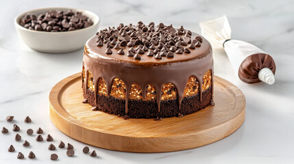Decadent chocolate cake topped with chocolate chips and ganache