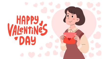 Happy Valentines day greeting banner. Sweet girl sends letter to her lover. Red envelope and groovy lettering. February 14 celebration of love background. Festive congratulations. Vector illustration.