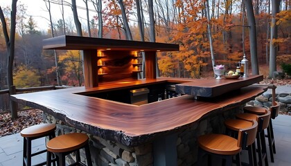 The countertop is made entirely of live-edge black walnut, with some large, beautiful walnut slabs on top for the seating area