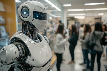 The Future is Now: A sleek, futuristic robot stands amidst a crowd, its blue eyes gleaming with intelligence, a testament to the evolving world of technology and its impact on society. 