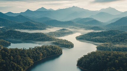 Misty river winding through forested hills at sunrise, ideal for nature backgrounds