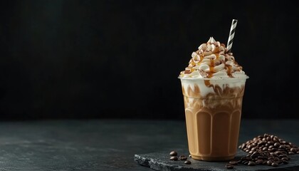 Cold Coffee Frappe With Whipped Cream And Caramel Syrup, Straws And Coffee Grains On Dark Gray Stone Table, Copy Space.