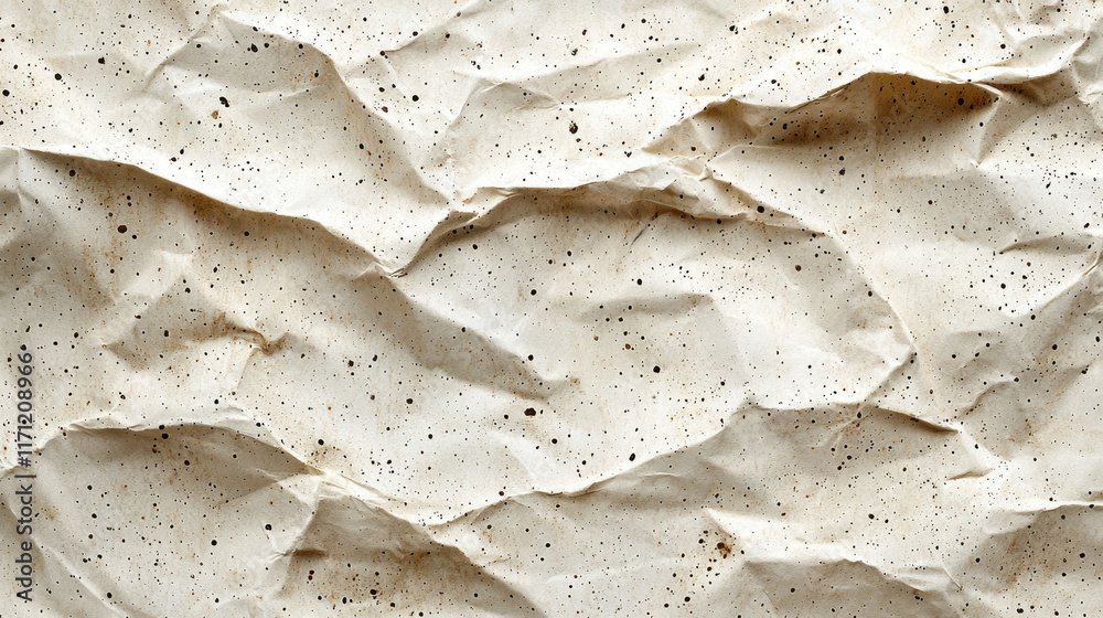 Poster Crumpled textured paper background with speckles and natural grain. Ideal for eco friendly designs and creative projects. Perfect for showcasing organic aesthetics