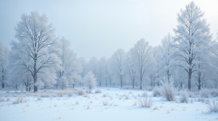 Obraz premium Winter forest with frost-covered trees and snowy ground