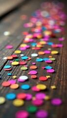 Fototapeta premium Vibrant colors and confetti scattered on a wooden table, party, balloons
