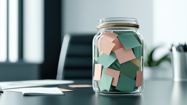 Close up of a beautifully crafted gratitude jar filled with colorful paper notes sitting on a wooden desk evoking feelings of warmth and reflection