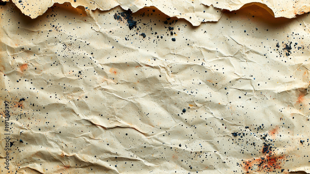 Poster crumpled textured paper with black and orange splatters, ideal for backgrounds or crafts. this eco f