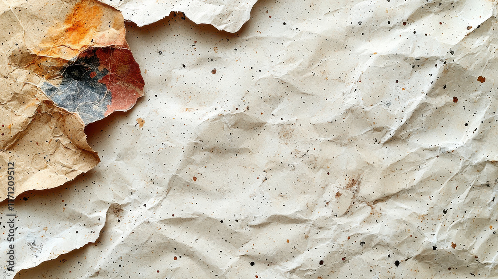 Fototapete Crumpled textured paper with colorful fragments and speckles, creating artistic background. Perfect for eco friendly designs and creative projects