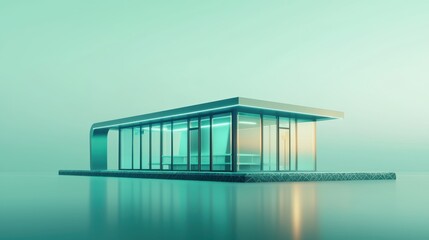 Fototapeta premium Modern Glass Pavilion Design Futuristic Architecture Teal Landscape