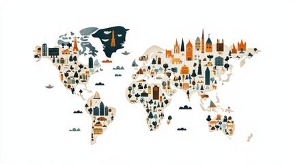 Obraz premium Stylized World Map with Iconic Landmarks and Cultural Elements