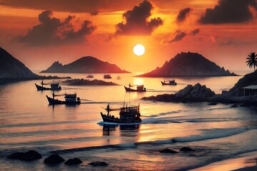 Sunset over the ocean with a fishing boat in the distance