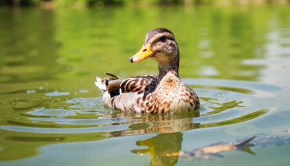 Ornate duck swimming in countryside pond, tranquil wildlife beauty