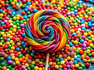 Vibrant Swirl Lollipop with Glitter Amongst Multicolored Candies - Sweet Treat Stock Photo